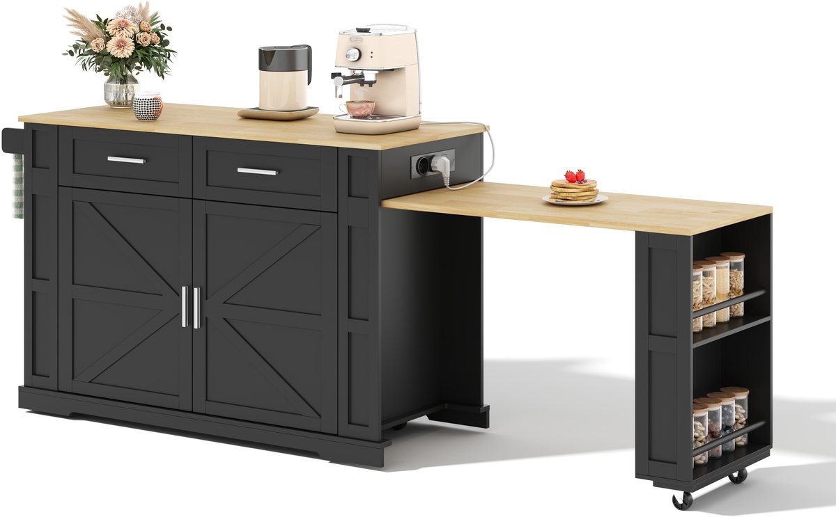 STILVORA Keukeninsel - Uittrekbaar Werkblad Met Stopcontact En Usb - Veel Opbergruimte Voor Keuken En Eetgedeelte - MDF - Zwart En Eikenlook - 130x50x93 Cm