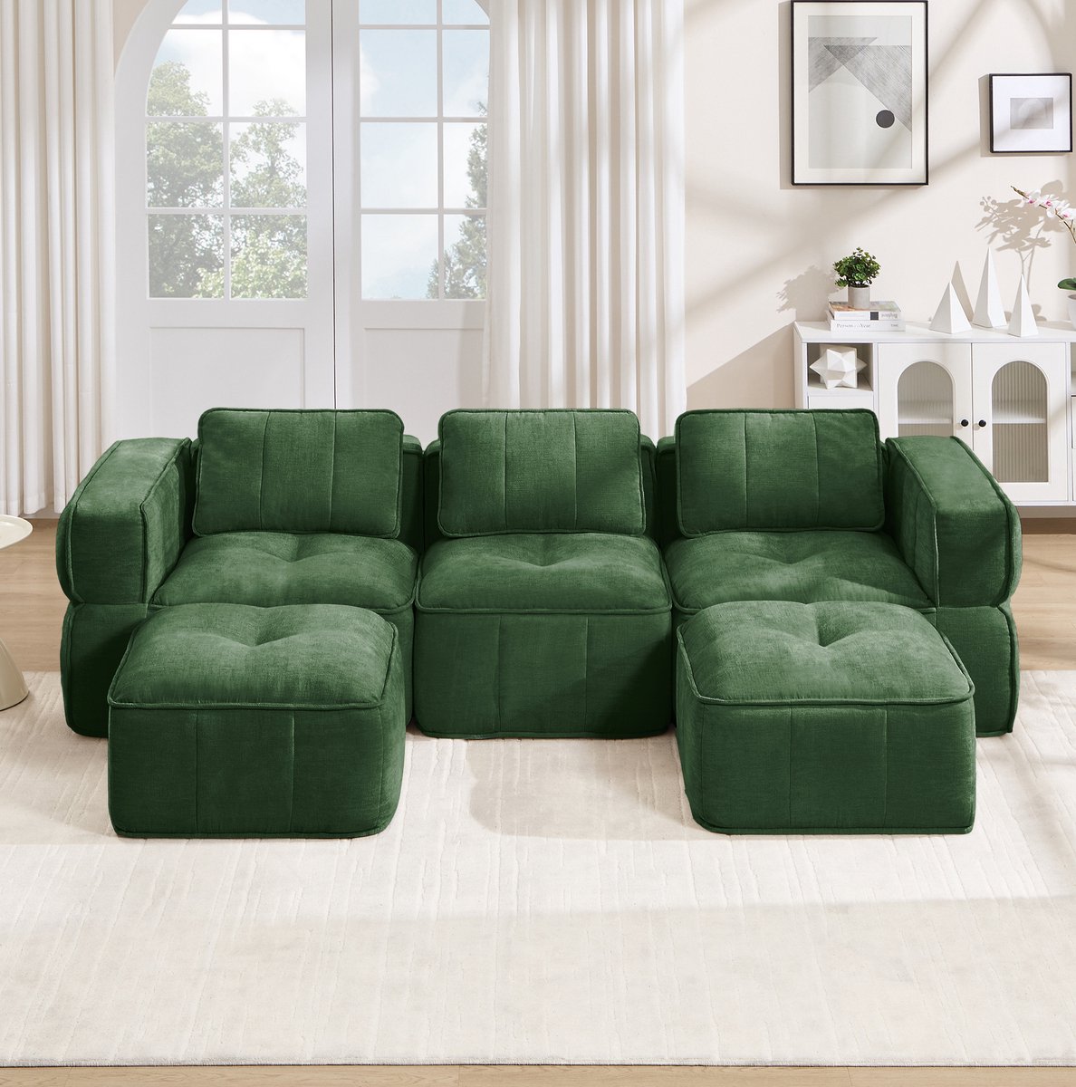 STILVORA U-Bank 271 x 162 cm - Modulaire 3-Zits Met 2 Hockers En Diepe Zit - Zonder Montage Voor Woonkamer - Polyester - Groen