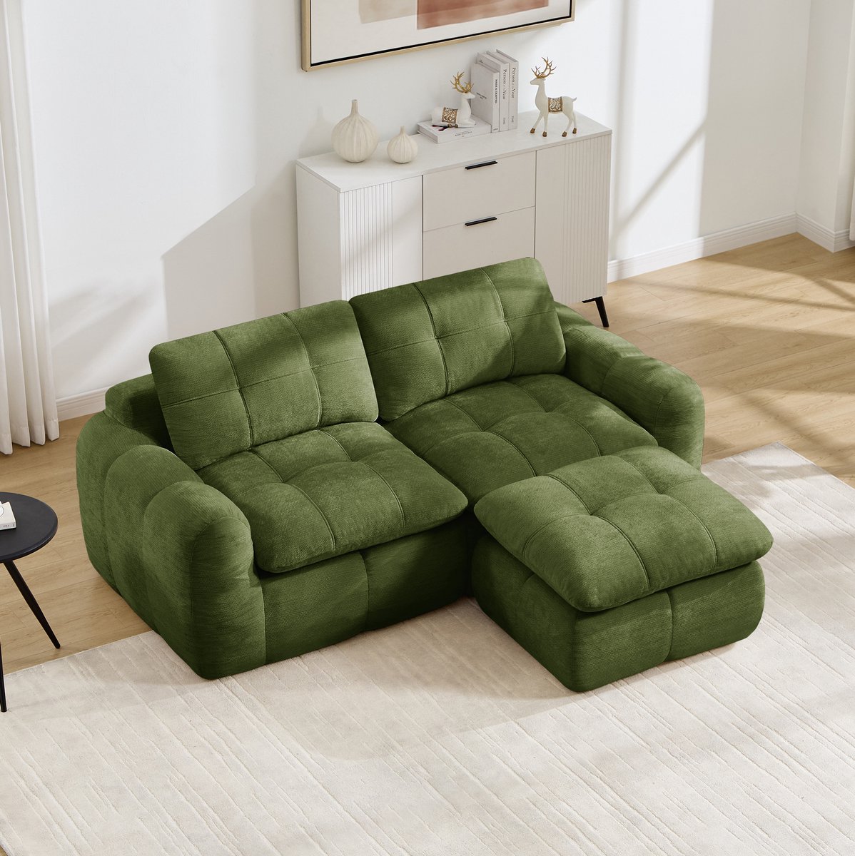 STILVORA Hoekbank 194 x 160 cm - 2-Zits L-Vormige Modulaire Bank Met Ottoman En Gestikt Patroon - Voor Woonkamer En Appartement - Chenille Groen
