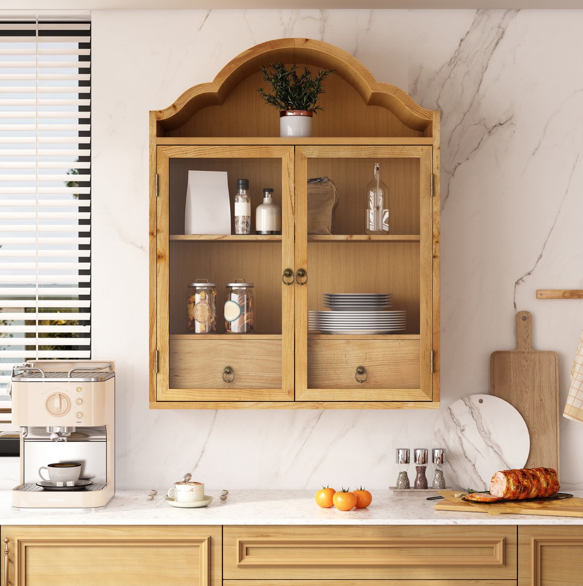 STILVORA Wandkast - Retro Opbergkast Met Glazen Deuren En Lade - Voor Keuken Badkamer Eetkamer En Woonkamer - Hout - 60x22x76,5 Cm - Natuurlijk