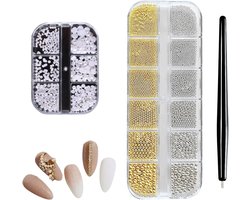 Nail decoration set - kleine metalen ballen - witte halve kralen - voor nagel en gezicht versiering - SnelShoppen