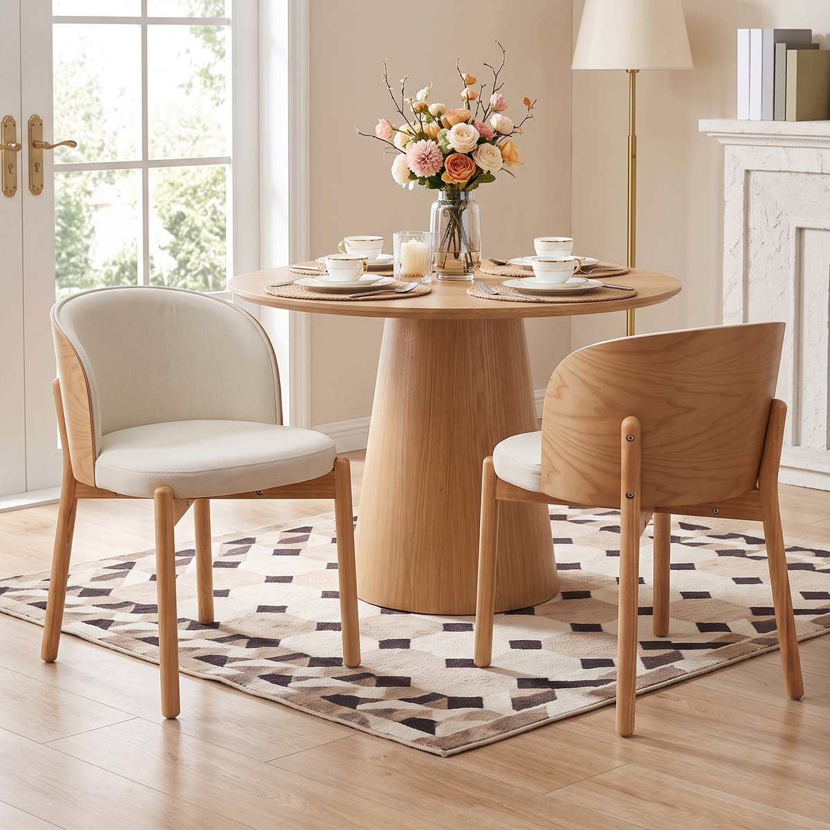 Clruro Eetkamerstoelen - 2 Stuks - Omhullende Rug met Essenfineer - Linnen en Massief Hout - Naturel