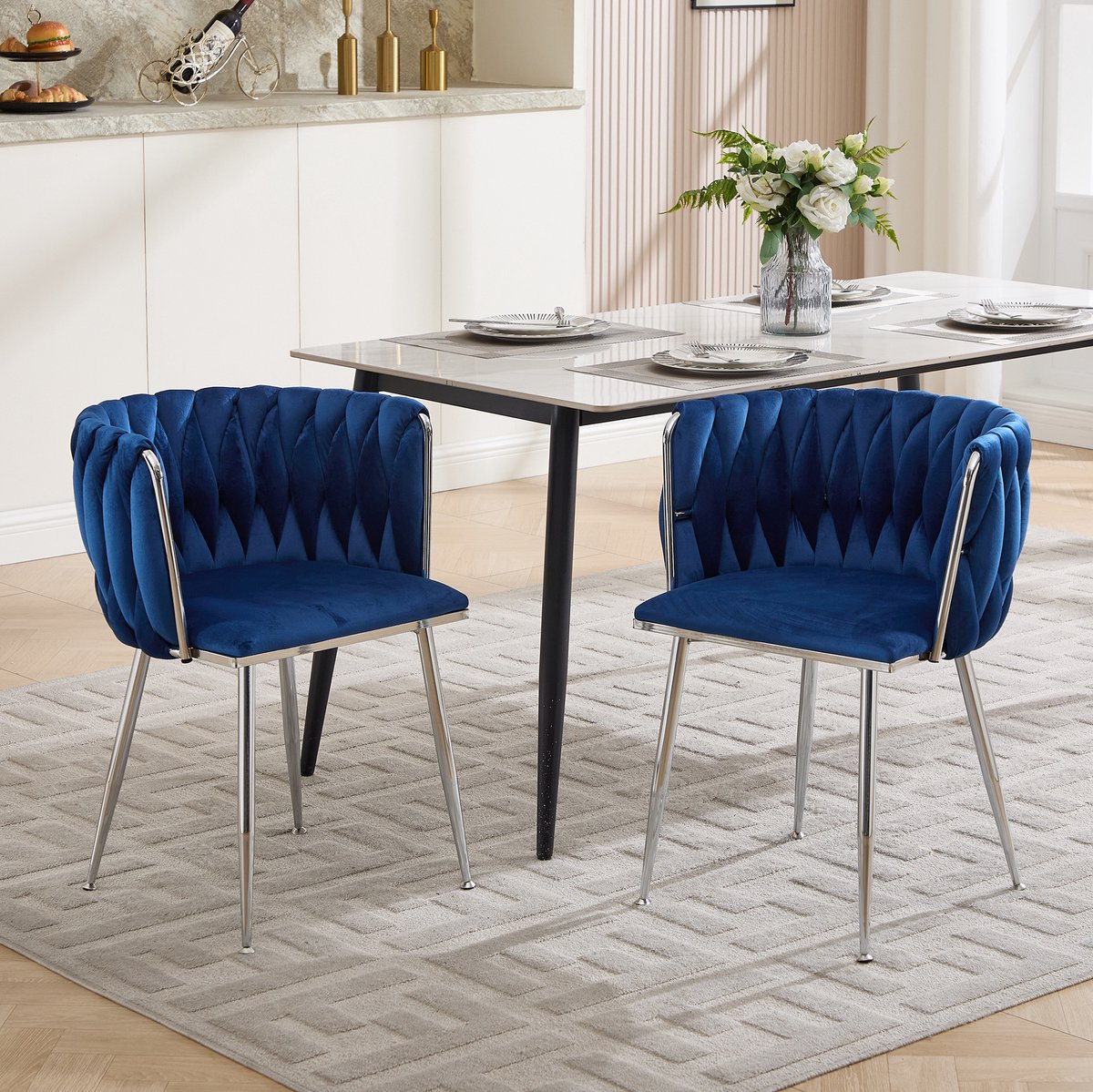 STILVORA Eetkamerstoel 66 x 44,5 x 52 cm - Kuipstoel Met Armleuningen En Gestoffeerde Zitting - Voor Eetkamer En Woonkamer - Stof Metaal - Navy
