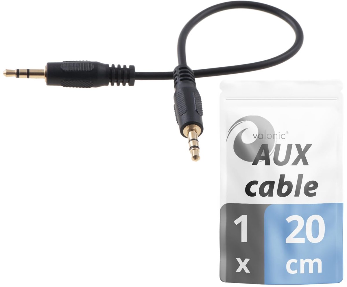 AUX kabel 20 cm - zwart - jack kabel met gouden contacten - ideaal voor nette aansluiting - SnelShoppen