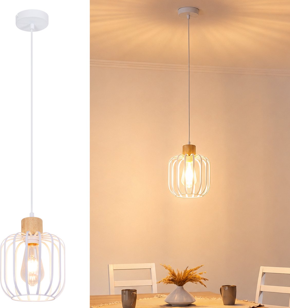 NETTLIFE 1-Flammige Hanglamp Wit met Hout - E27 | Hoogteverstelbaar | Moderne Eetkamerlamp voor Eettafel Keukeneiland & Slaapkamer - Zonder Lampen