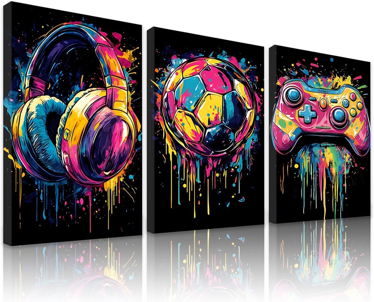 gaming wandafbeeldingen set van 3 - kleurrijke graffiti - canvasfoto's met lijst - decoratie voor speelkamer - SnelShoppen