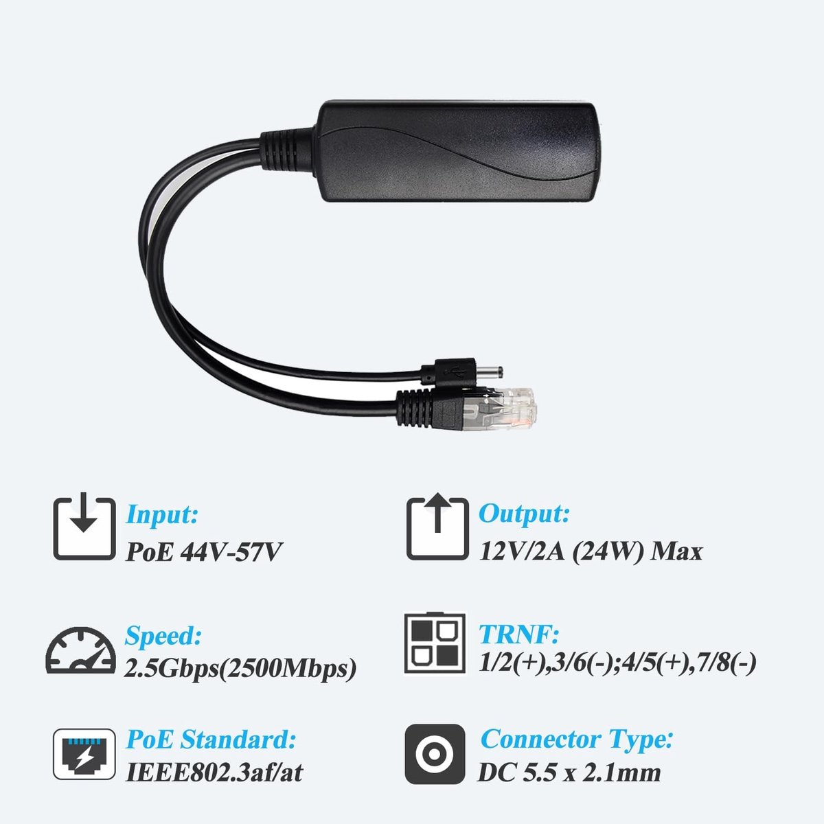 SnelShoppen - 2.5G PoE Splitter 12V/2A, DC 5.5*2.1mm Plug, 48V PoE naar DC 12V/2A met 2.5Gbps Ethernet, Plug and Play voor IP Camera en Slimme Huizen