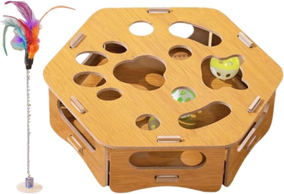 Verrijkingsdoos Klauwvijl - Katten Doolhofbox - Katten Spel - Dynamische Speelopties - 28 x 28 x 6 cm - Houtkleur