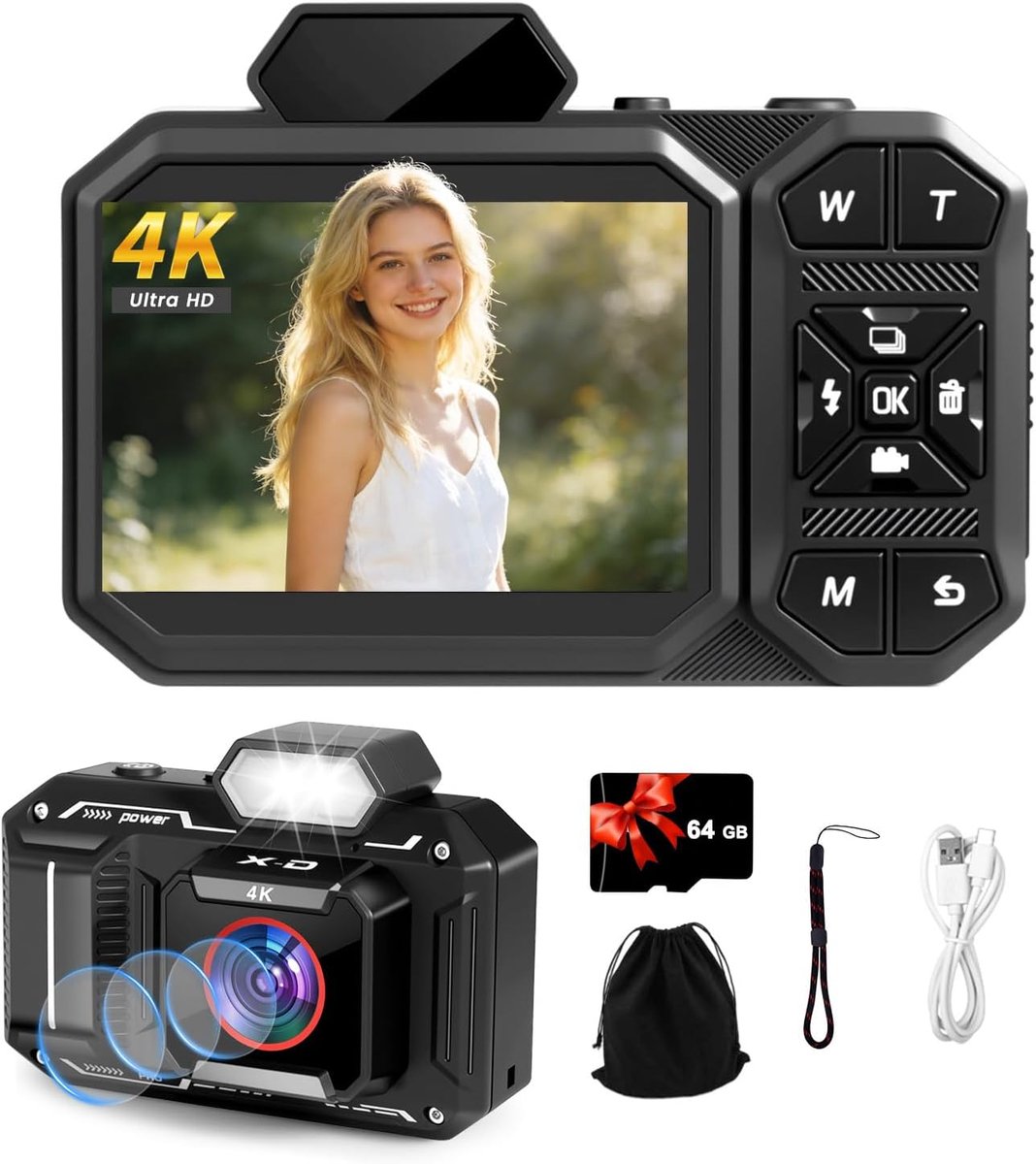 SnelShoppen - Digitale Camera 4K Vlogging Camera 48MP Autofocus 12X Zoom Compact Camera met 64GB Geheugenkaart, Flash & Anti-Shake voor Fotografie, Ki