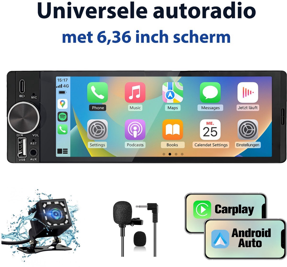 HexinexMarket - 1DIN Autoradio - 6,36 inch scherm - met Draadloze Carplay & Android Auto - WIFI BT 5.2 - USB/USB-C + Achteruitrijcamera