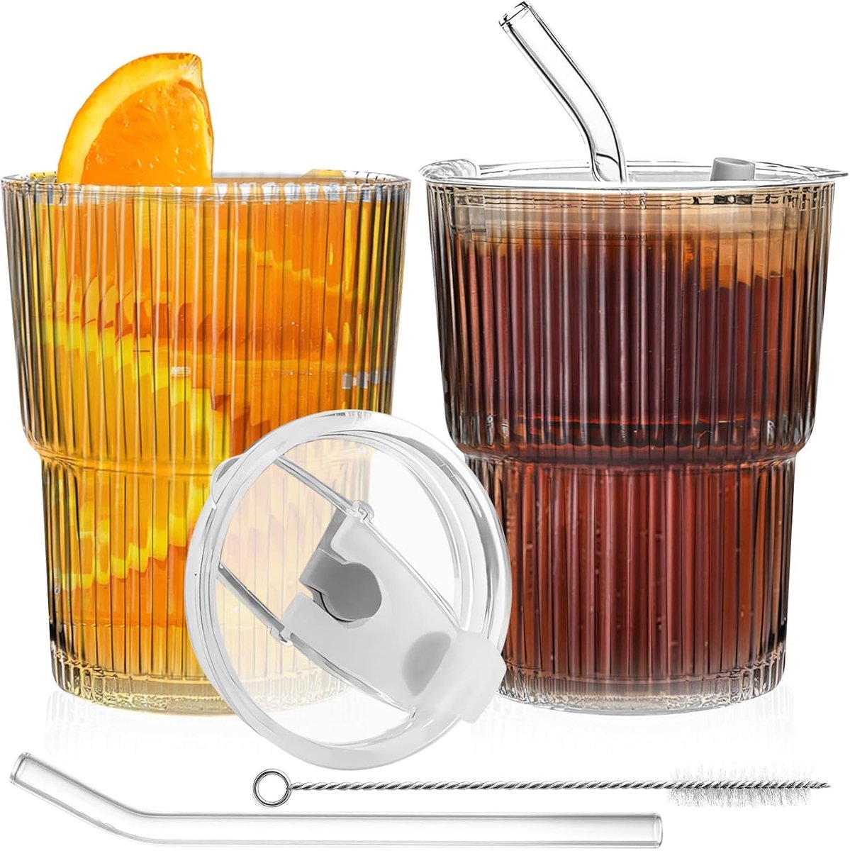 Iced coffee cups 380 ml - glas met deksel - ribbelstructuur - ideaal voor koude dranken - SnelShoppen