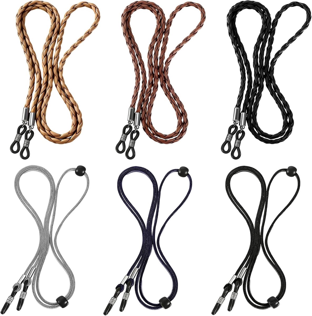 Brilhouders met verstelbare leren ketting - 6 stuks - anti-slip zonnebrilband - veilig voor dagelijks gebruik - SnelShoppen