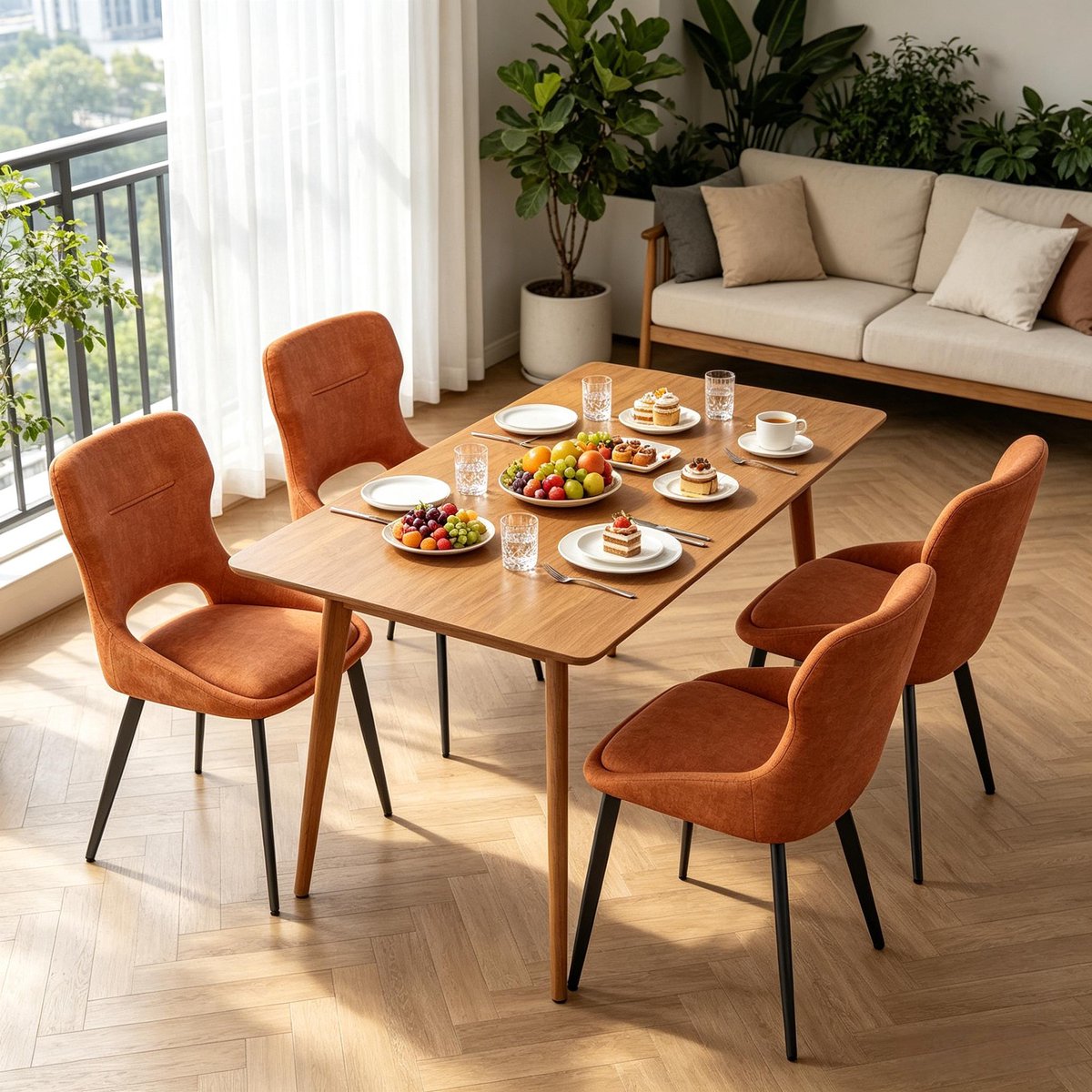 Eetkamerstoel - Gestoffeerde Kuipstoel Met Armleuningen - Voor Eetkamer En Woonkamer - Metaal - Oranje - 43x40x86 Cm