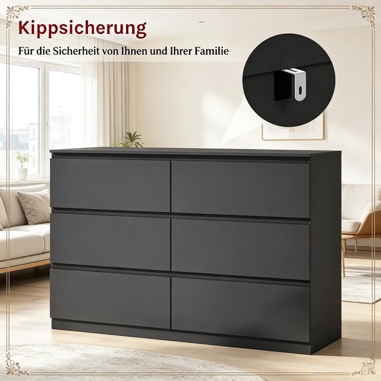 Ladekast - Zwarte Commode Met 6 Lades - Modern Design Voor Woonkamer, Slaapkamer En Hal - Hout - 120x40x75 Cm — afbeelding 4