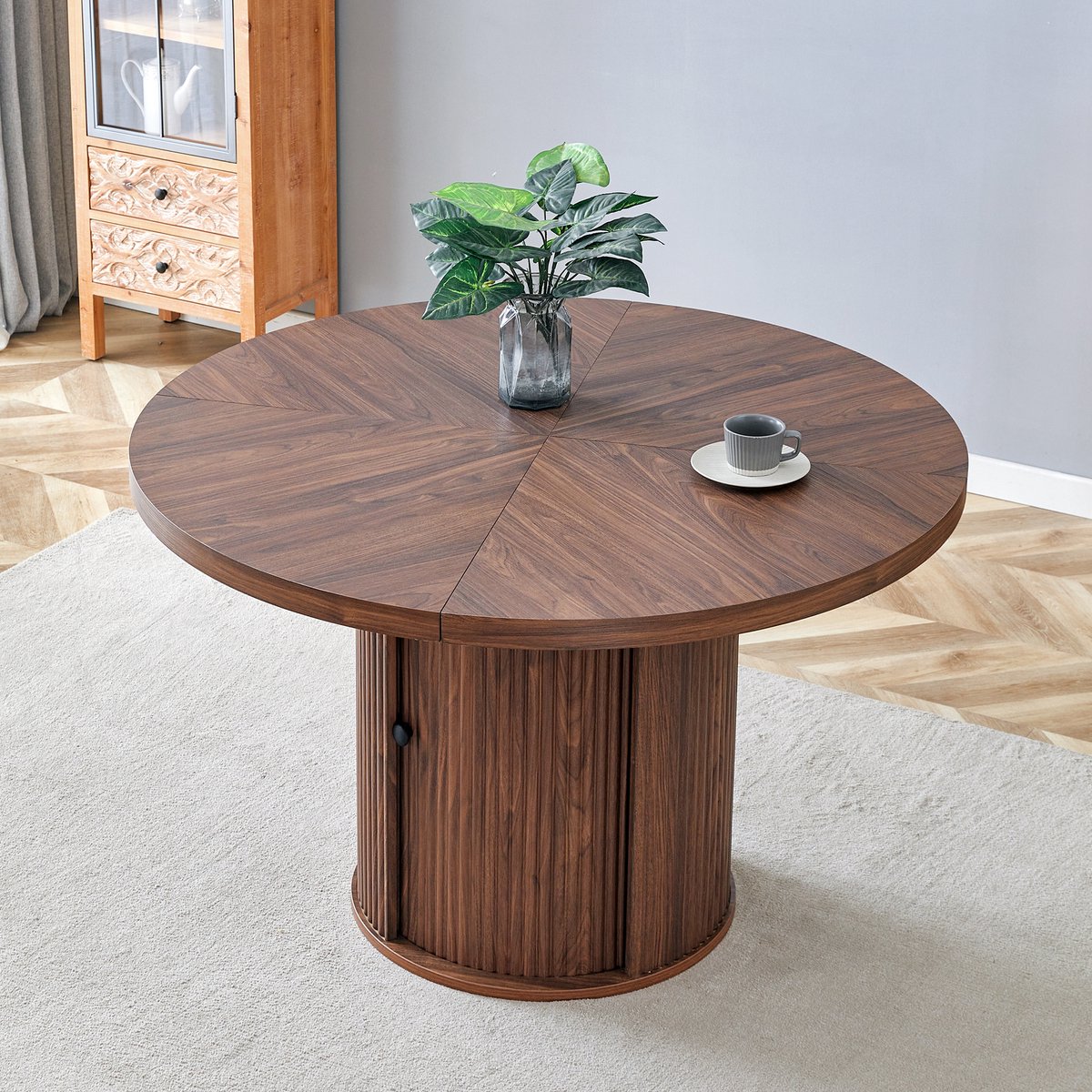 MODENUIT Eettafel - Ronde Tafel Met Opbergruimte - Voor Woonkamer En Eetkamer - MDF - Walnoot - 115 Cm