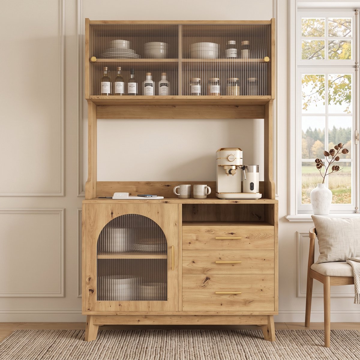 VVBV Buffetkast 100.5x40x178 cm - Opbergruimte, USB-Aansluiting, Glazen Deuren, Stopcontact - Houtkleur, Spaanplaat