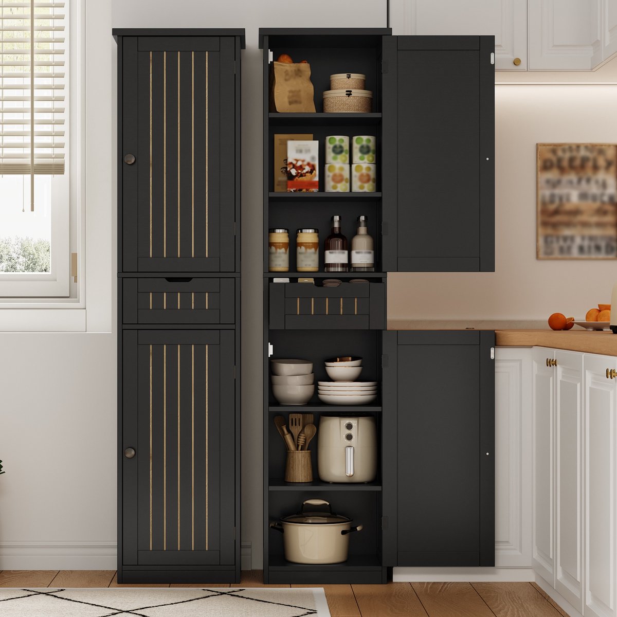 VVBV Buffetkast 40x30x170 cm - Met Spiegel, Opbergruimte, Met Lades, Met Planken - Zwart, MDF