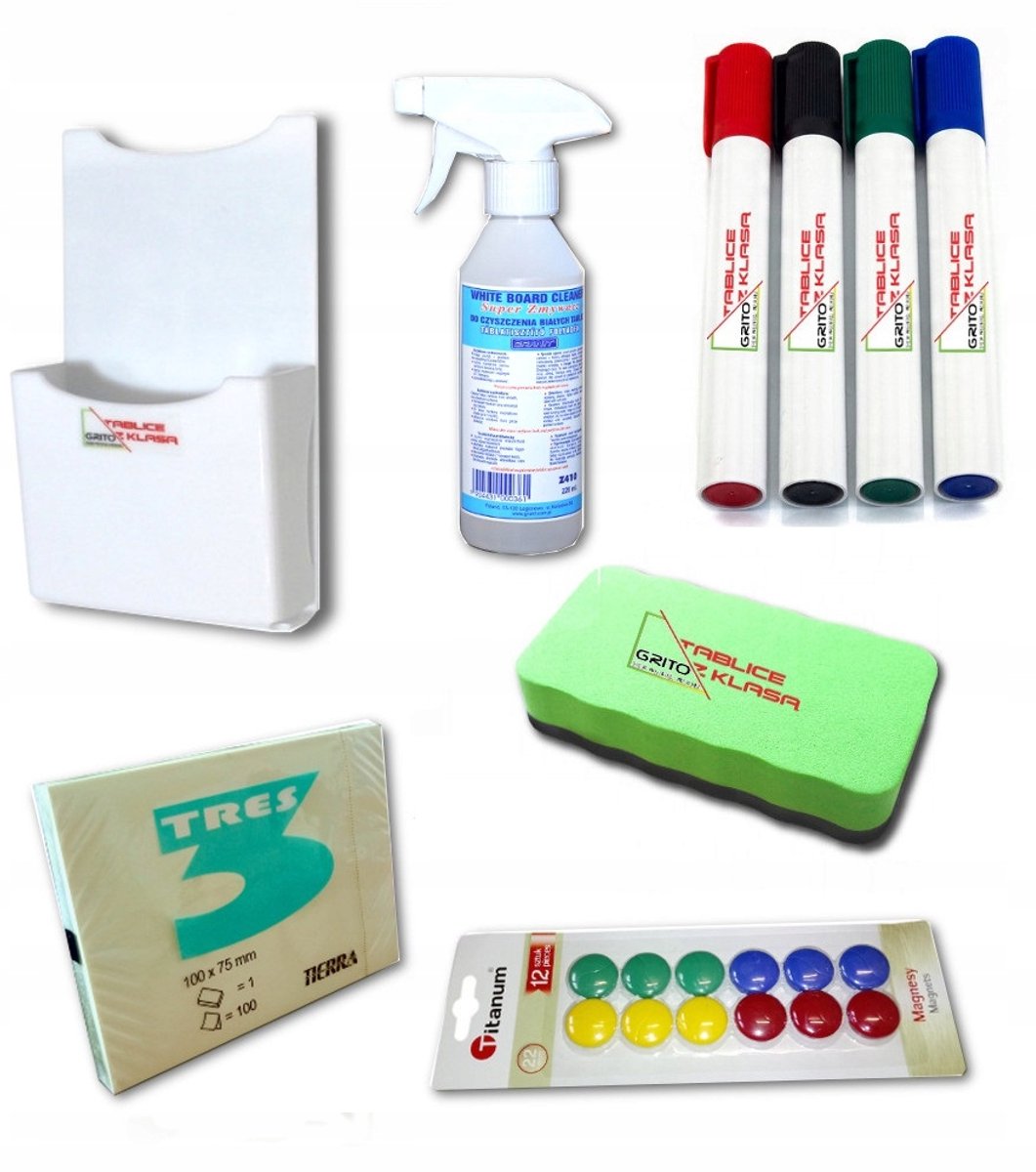 Complete set: whiteboardmarkers, gum, magneten, houder, notities en vloeistof