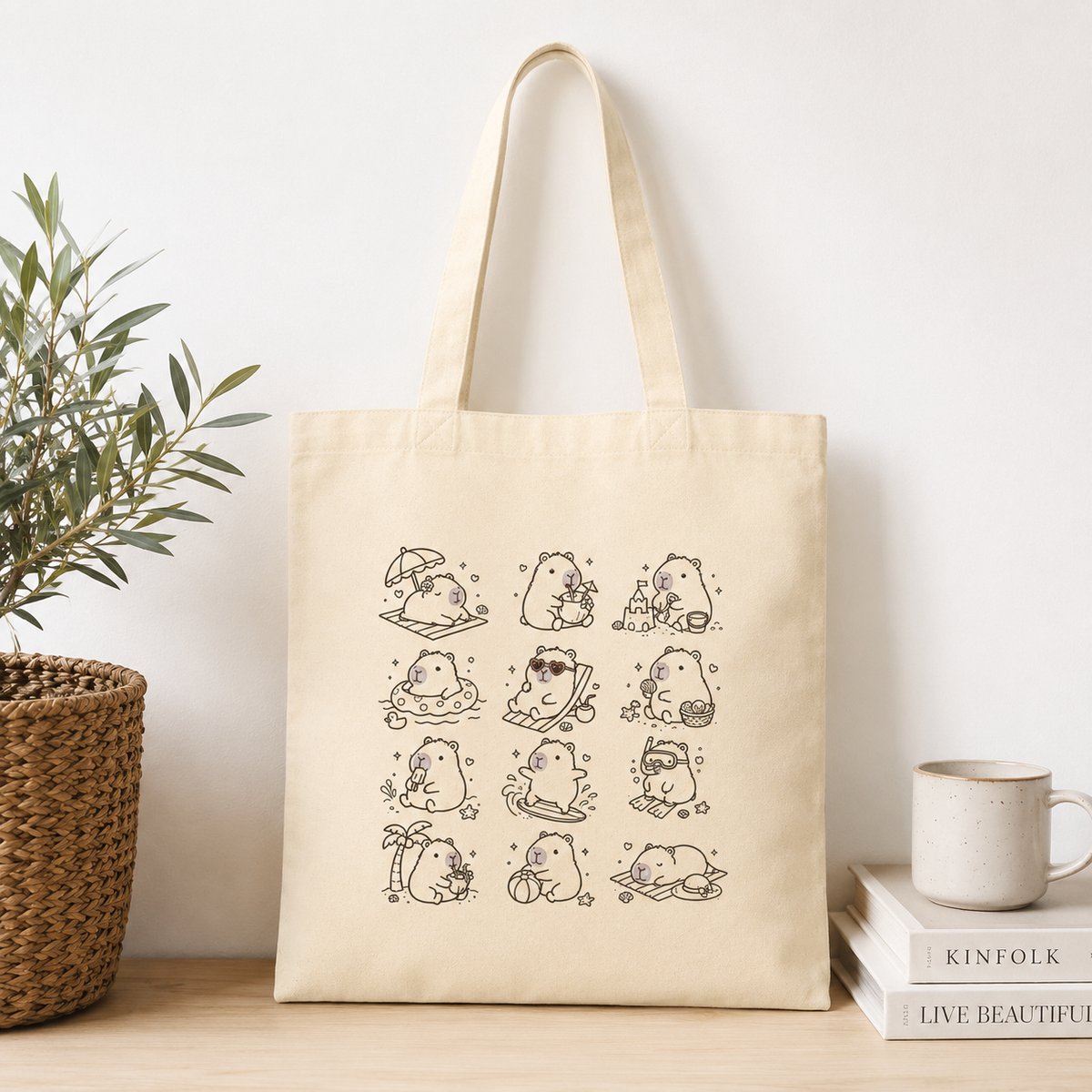 Capybara Tote Bag – Beige Shopper met 12 Schattige Capybara’s – Capibara Tas – Dieren Shopper – Cadeau voor Capybara Liefhebber