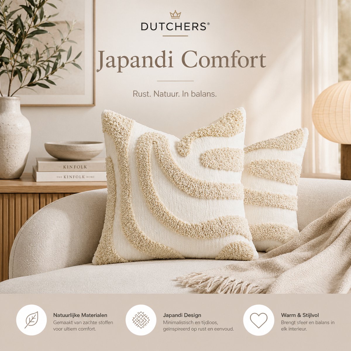 Dutchers® Set van 2 Japandi Kussenhoezen – Getuft Golfpatroon - Kussenhoes - Sierkussenhoes - Kussenbeschermer - Kussensloop – Beige & Bruin – Sierkussenslopen – Minimalistisch Woondecoratie – 45 x 45 cm