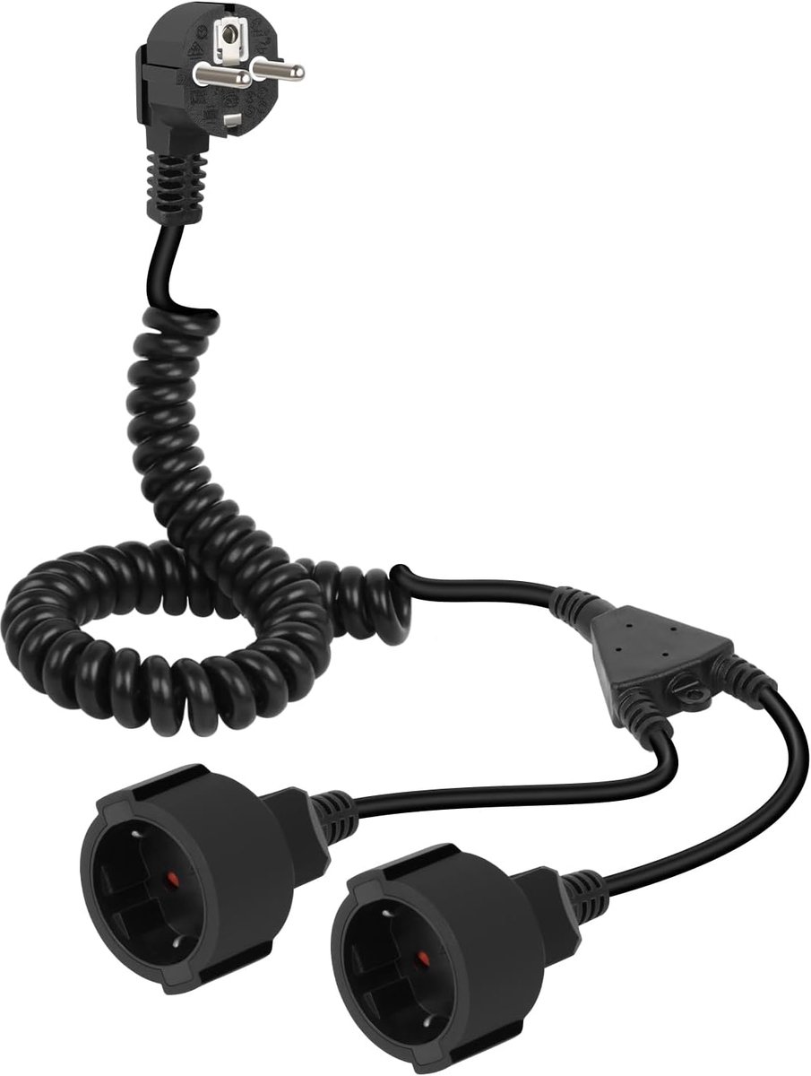 Verlengsnoer en spiraal - 1 naar 2 beschermde contactpunten - 16 A/250 V - flexibel en compact voor gebruik in hoeken - ShopVlot