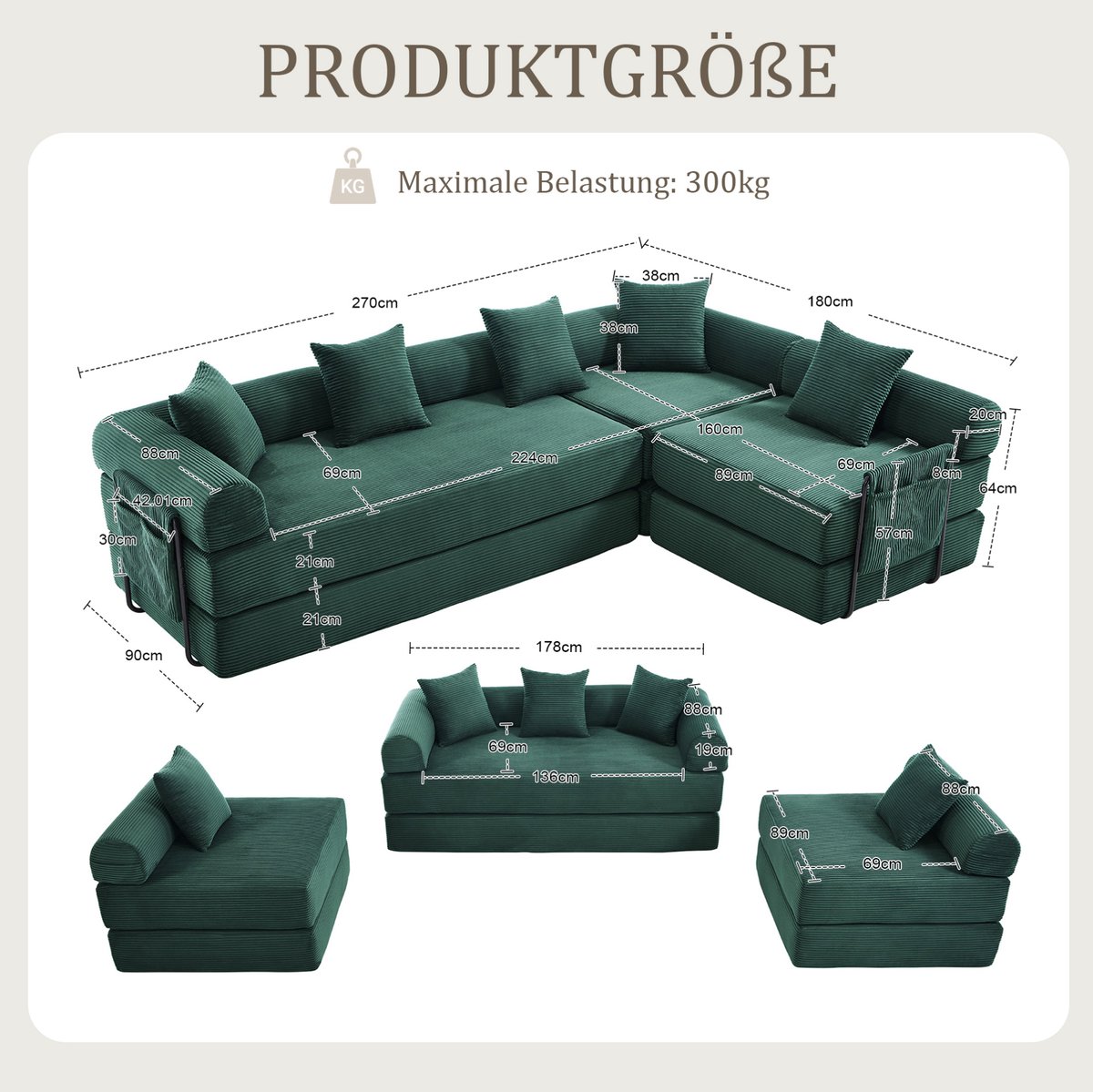 OKWISH Hoekbank 4-Zits Modulaire Hoekbank Met Opbergtas En Slaapfunctie Voor Woonkamer Gastenkamer Of Kantoor Corduroy Smaragdgroen