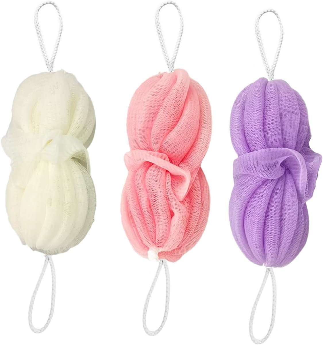 Douchespons set van 3 - zachte netstof - kleurrijk (roze, beige, paars) - effectief voor peeling - ShopVlot