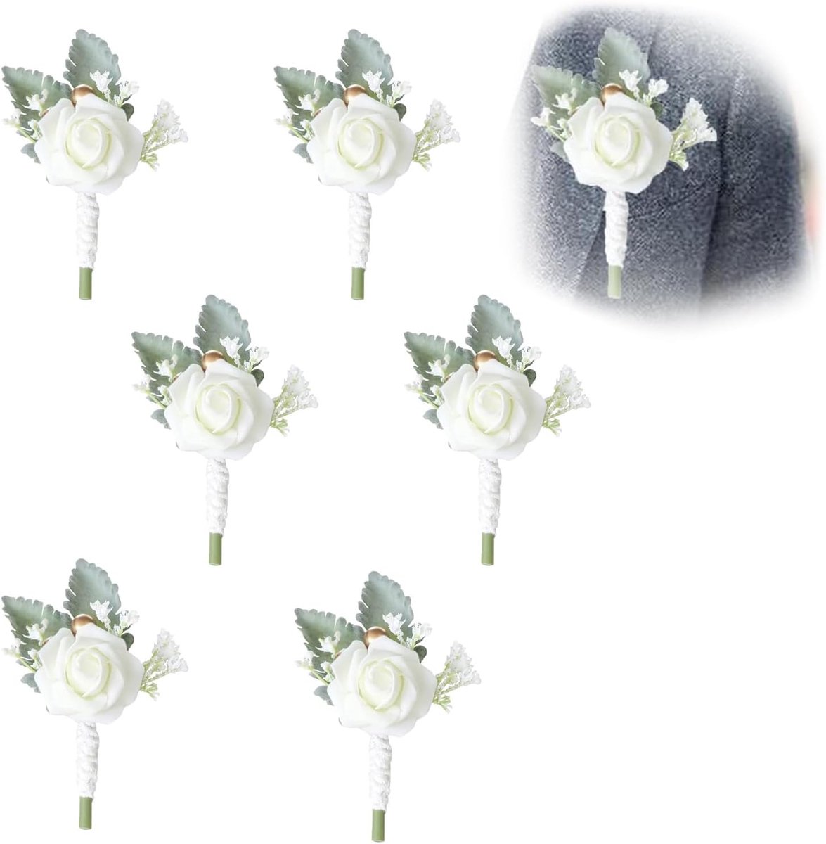 Lapel bloemen 6 stuks - rozen boutonniere - witte bruiloft corsage - perfect voor feesten - ShopVlot