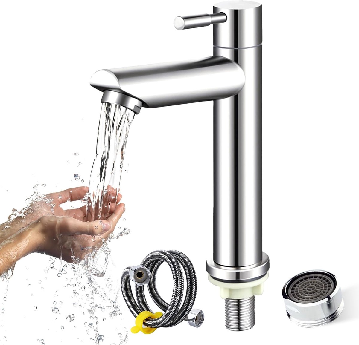 Koudwaterkraan voor badkamer met 60cm flexibele slang - mengkraan voor wastafel - zacht en stil water - ShopVlot