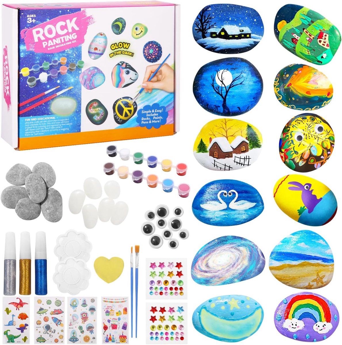 Stenen schilderset voor kinderen 12 stuks - lichtgevende stenen - creatief schilderen - ideaal voor jongens en meisjes - ShopVlot