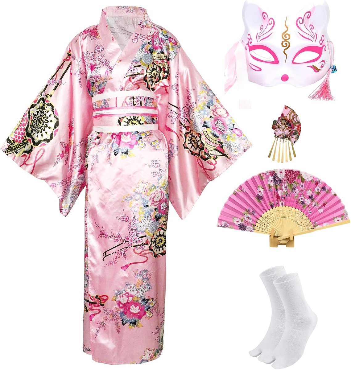 Kimono voor dames, traditionele Japanse kimono, jurk, bedrukt, bloemen met riem, Japanse robe, Yukata, cosplay-kostuumset