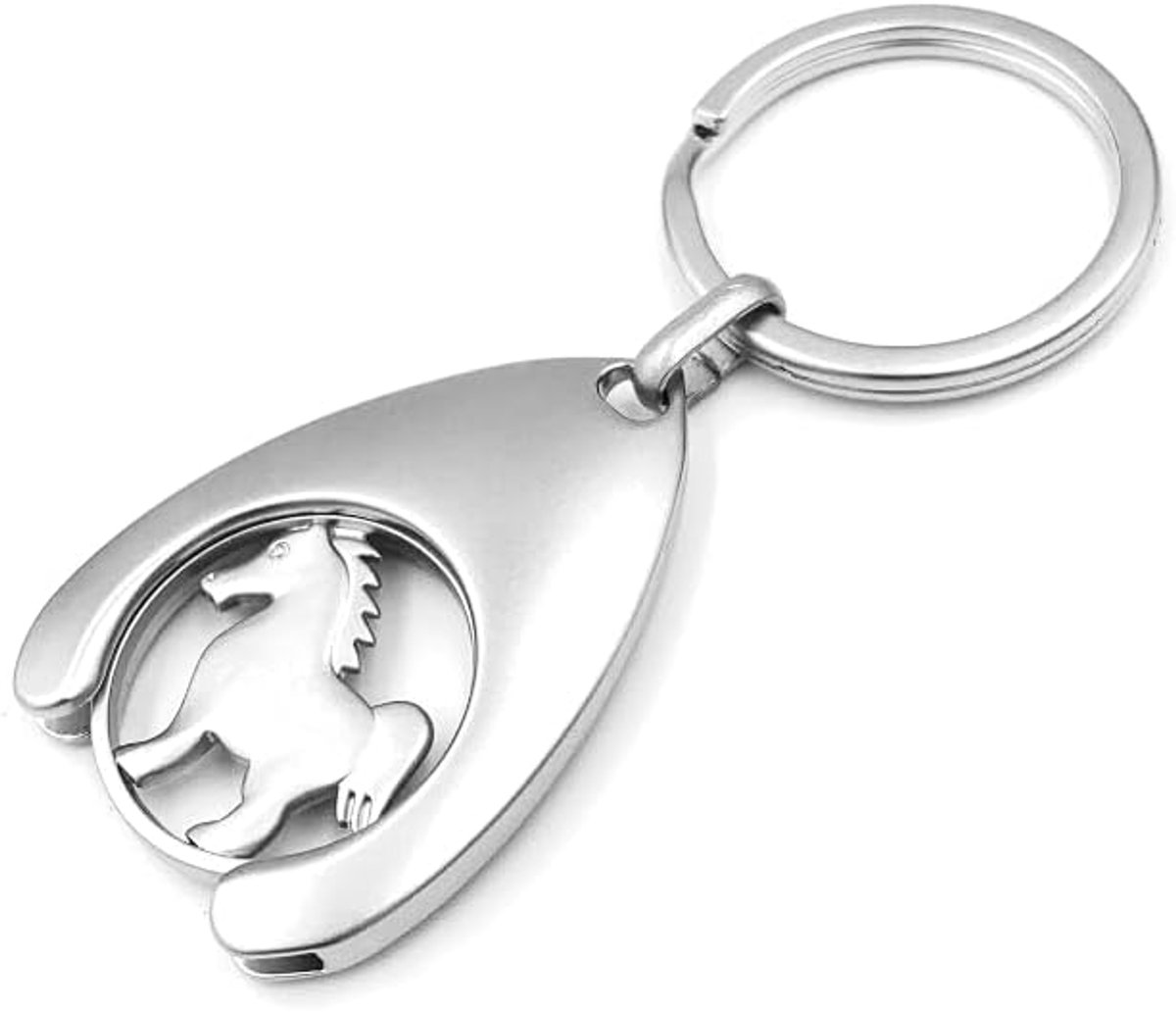 Sleutelhanger met winkelwagenmuntje winkelwagenontgrendelaar winkelwagenmuntje chip tool paard rijden metalen waterdruppelvorm zilver, pony staan, 7.5 cm
