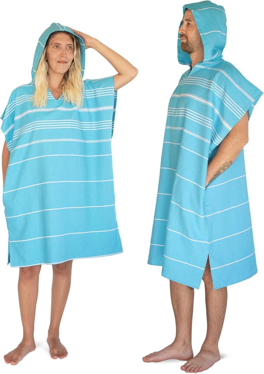 Surfponcho, 100% biokatoen, Aqua, M/L | Badjas, handdoekponcho en omkleedhulp voor strand, zwemmen en camping – licht, absorberend en sneldrogend