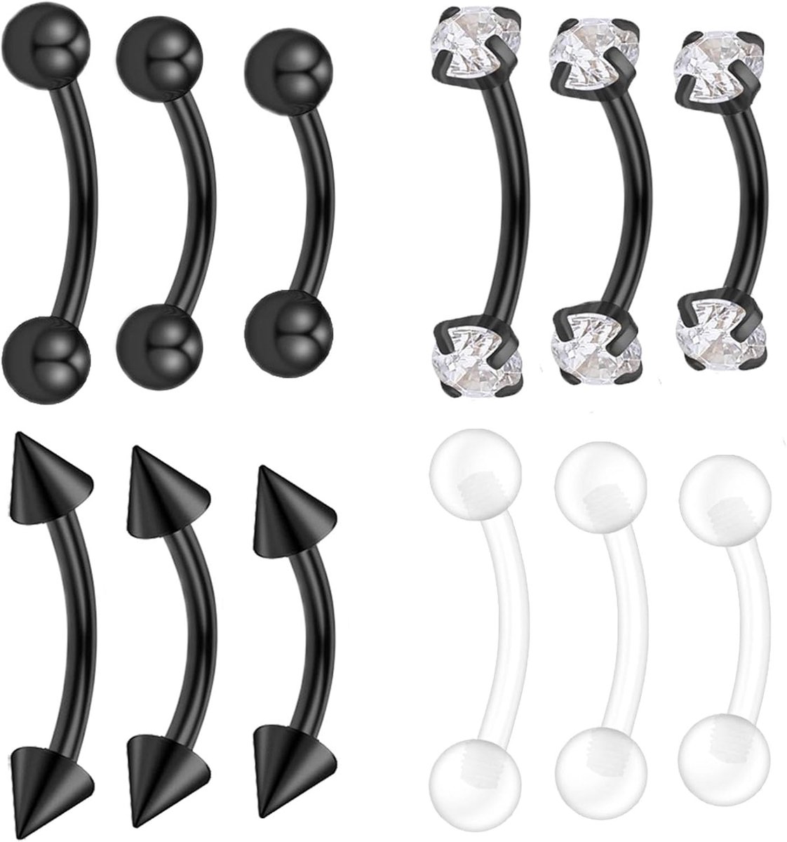 12 stuks, 6/8/10 mm, gebogen barbell, 1,2 mm, septum, lip, helix, rook, wenkbrauwen, zilver, goud, zwart