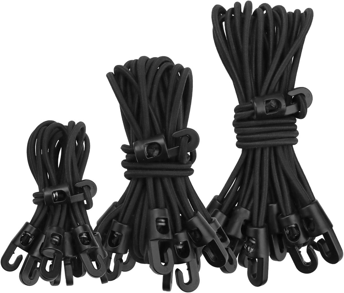 30 stuks verstelbare bungeekoorden met haken 10/26/30 cm, lange kleine elastische bungee-riemen, dekzeilhaken voor bagage, zeil, camping, tenten, luifels, bevestigingen, tuinluifel (zwart) (30 stuks)