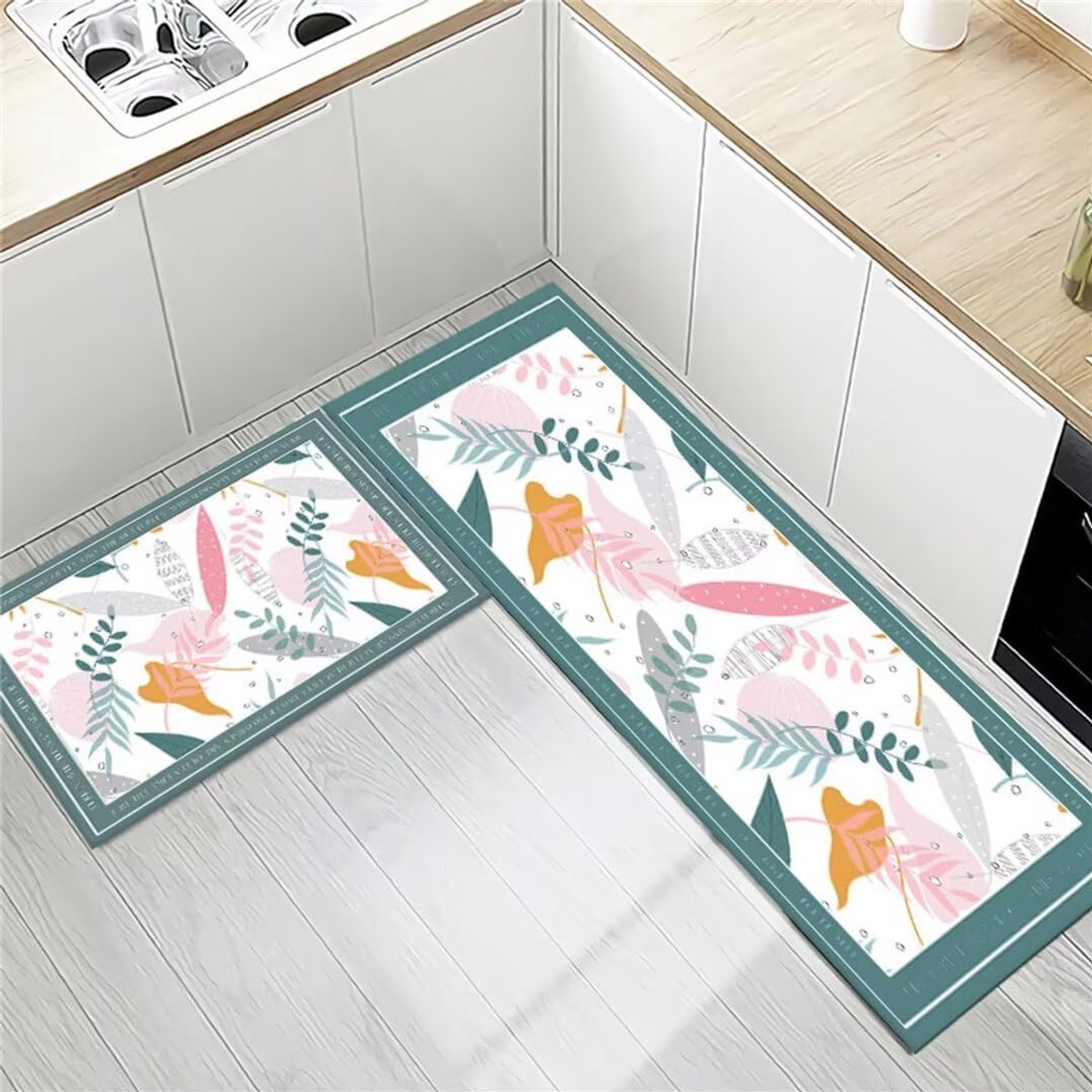 Tapijtsets antislip keukenmat kits gevallen bladeren blauw vlekbestendig anti-vermoeidheid machine wasbare keukenlopers tapijten PVC vloermatten voor keuken thuis eetkamer 50 x 80 cm +