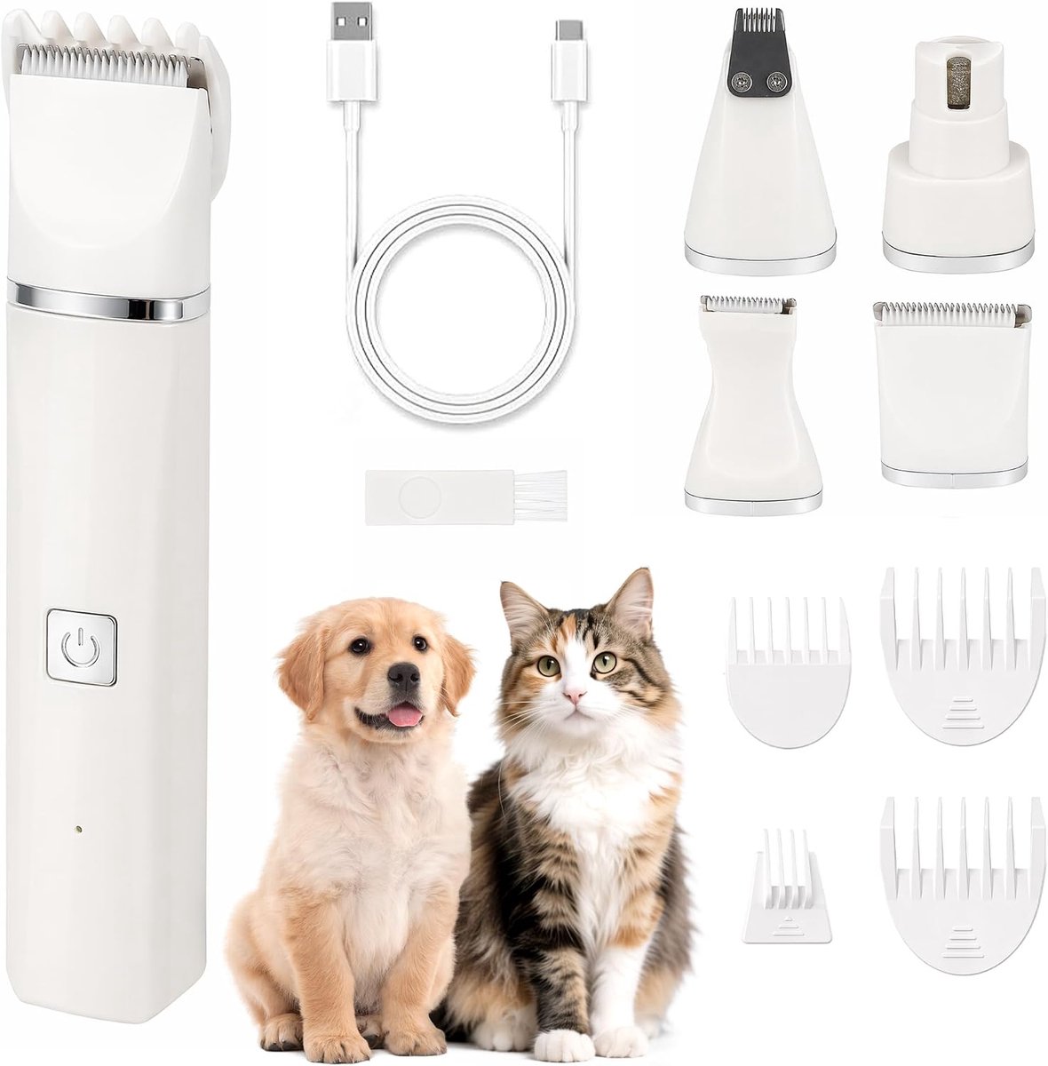 4-in-1 USB C met 4 opzetstukken voor hond en kat | Stille trimmer met lichaamskop, detailkop, pootkop en klauwslijper, ongeveer 45 dB, 50 minuten looptijd en 5 W