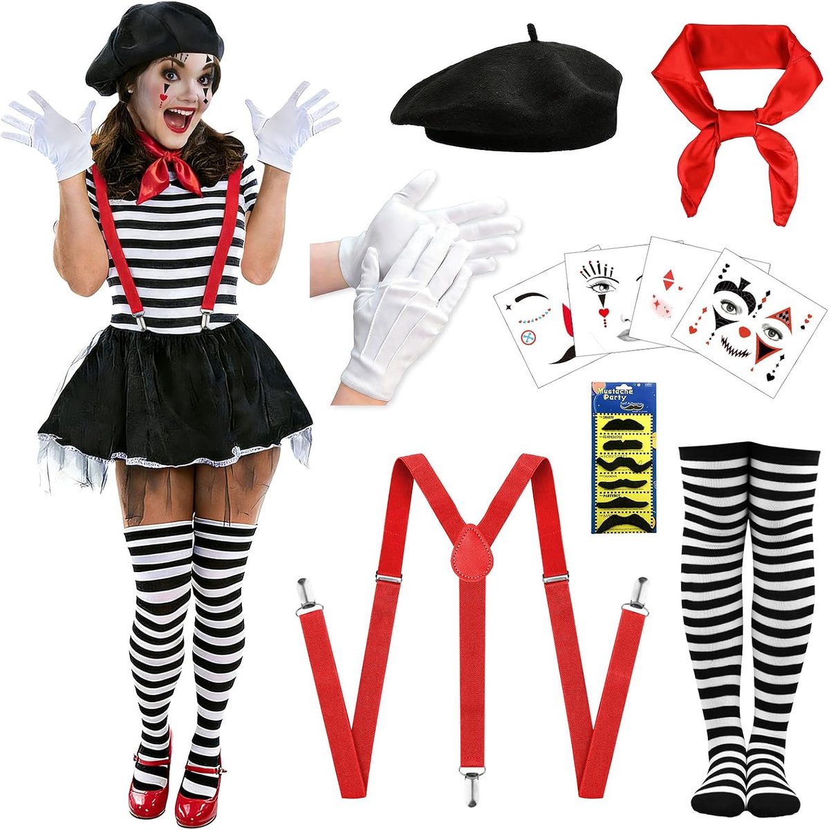 Pantomime kostuum dames - carnaval circus clownkostuum dames 9 stuks pantomime kostuums met baret bretels handschoenen kousen