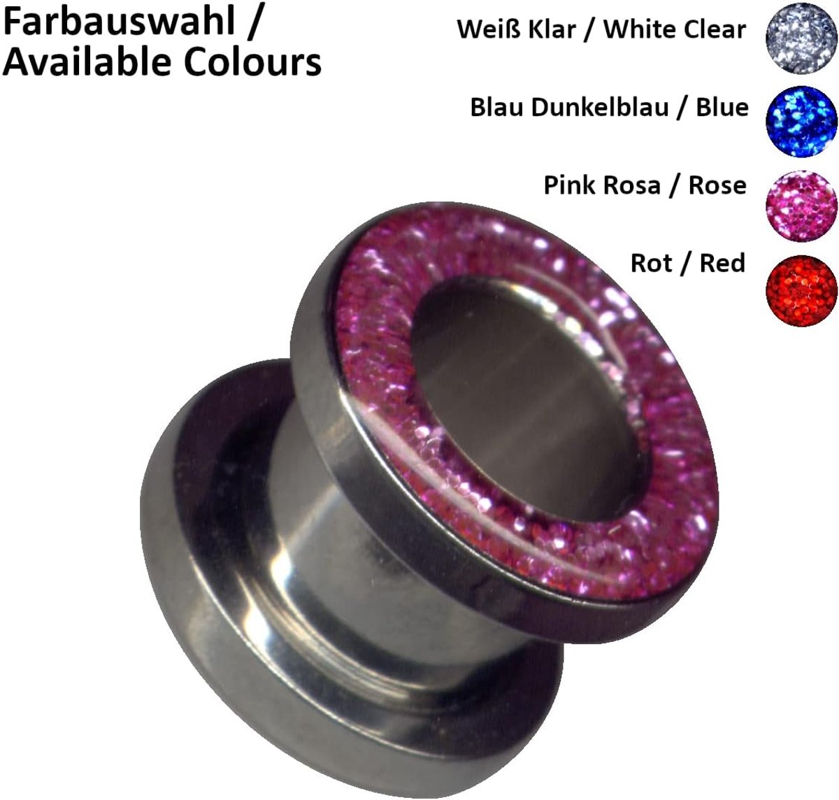 4 mm - 25 mm chirurgisch staal 316L roestvrij staal tunnel-piercing oorplug double-flared schroefdraad strass-steen zirkoon kristal (10 mm, zilver met glitter roze roze)