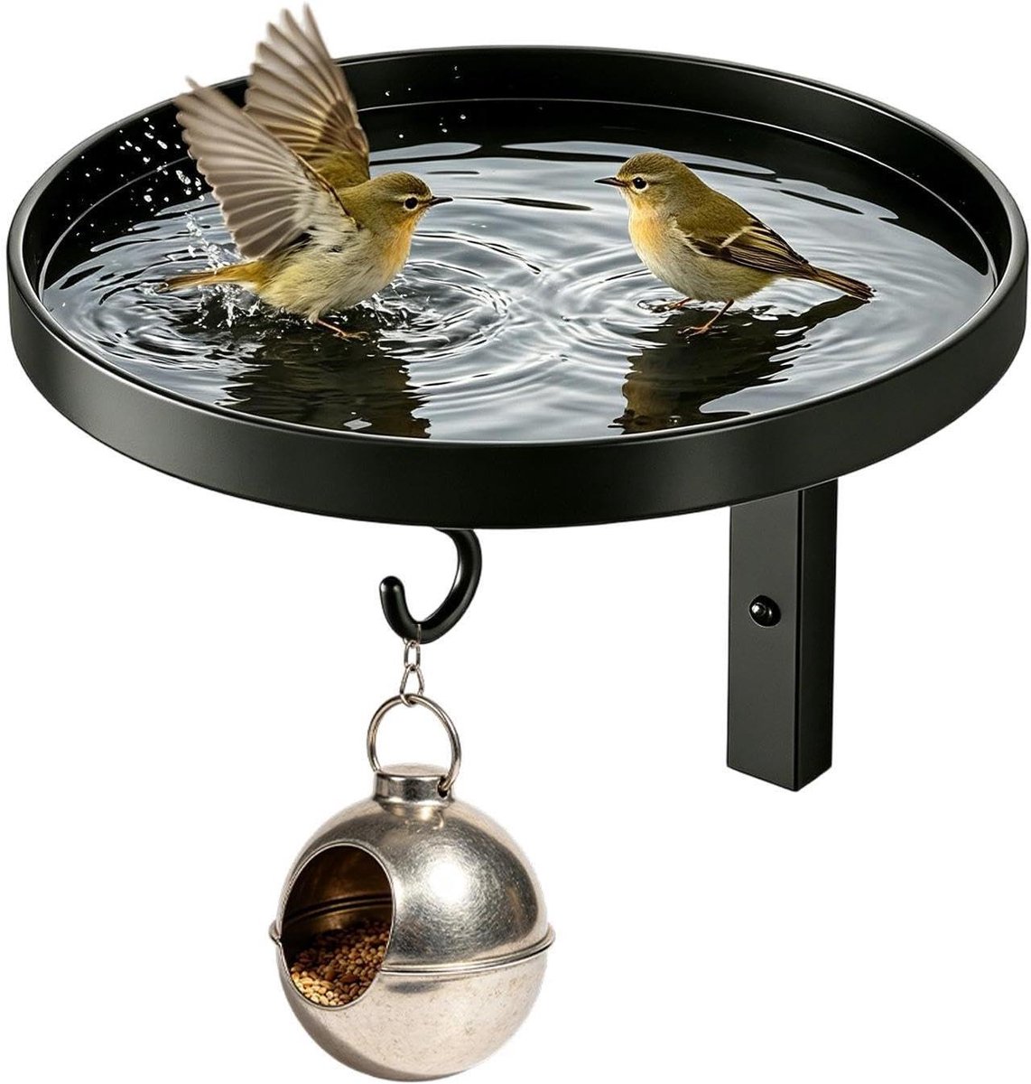 Vogelvoeder en Bad - Voederbak Vogels - Tuin Decoratie - Metalen Wandmodel - 22 x 21.6 x 4.7 cm - Zwart