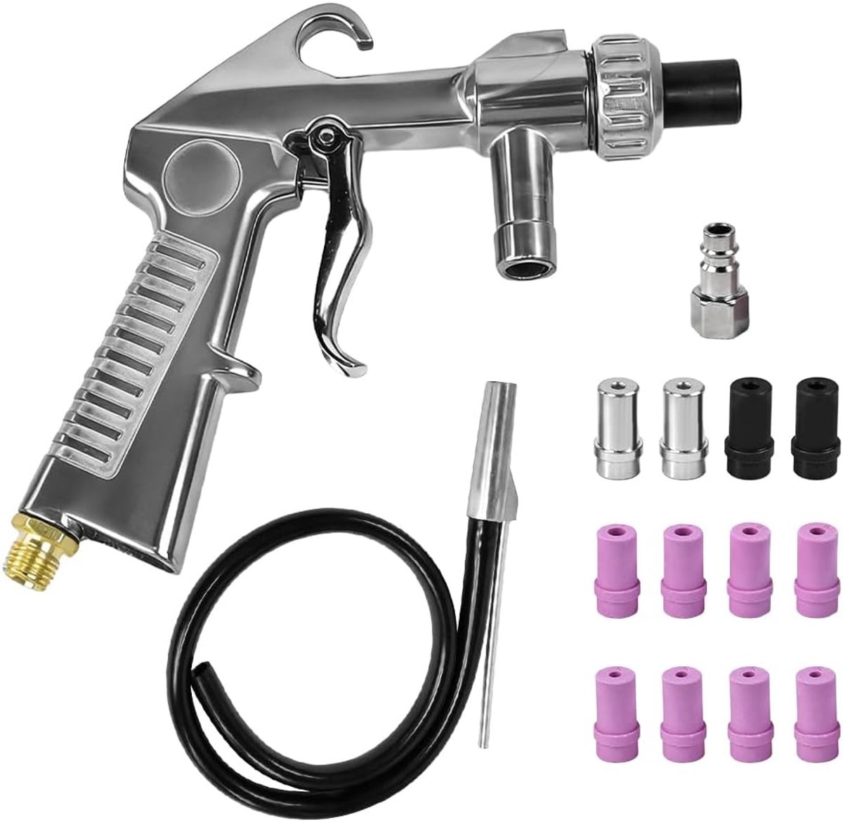 Zandstraalpistool, set perslucht, zandstraalpistool, set, zandstraler, lang zandstraalmondstuk en metalen sproeiers van 5 mm/6 mm kaliber zand blaster pistool kit voor zandstralen