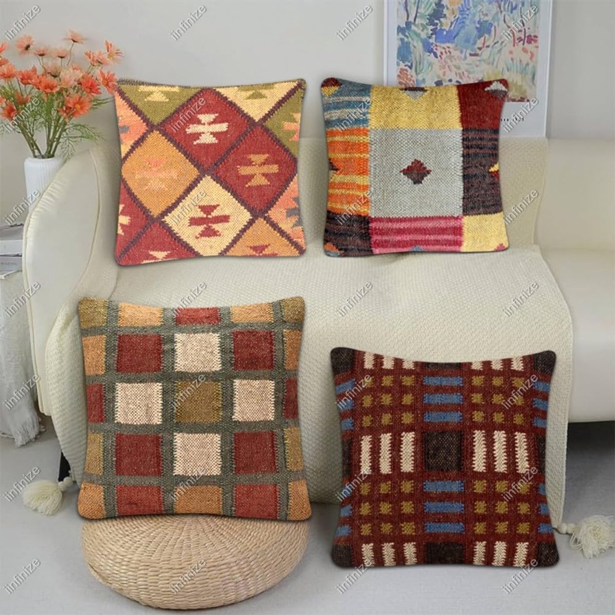 Kussenhoes 45 x 45 cm - Wollen Jute - Handgemaakt Kelim Ontwerp - Perfect voor Etnische Boho Decor - SnelShoppen