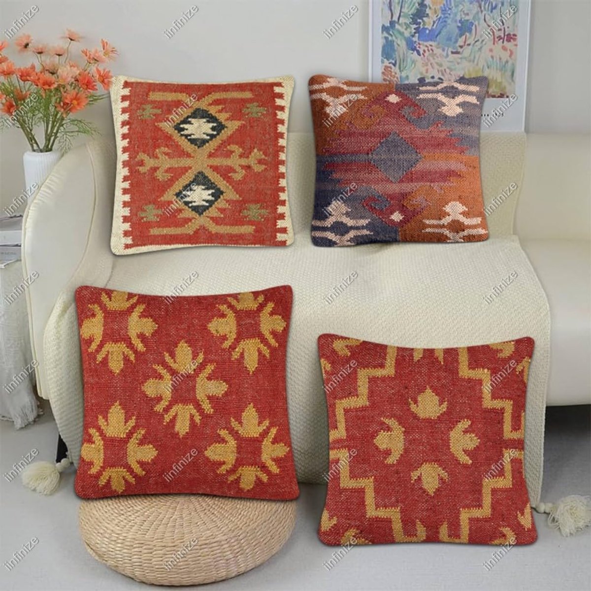 Kussenhoezen 45 x 45 cm - Wol-Jute - Handgeweven kilim patroon - Comfortabel voor binnen en buiten - SnelShoppen