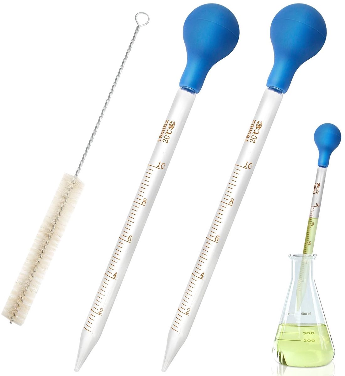 Pipette 10ml, 2 stuks glazen pipetten, transferpipet, 10ml druppelpipet voor vloeistoffen, grote pipet met rubberen pipettip x 2 + reinigingsborstel x 1