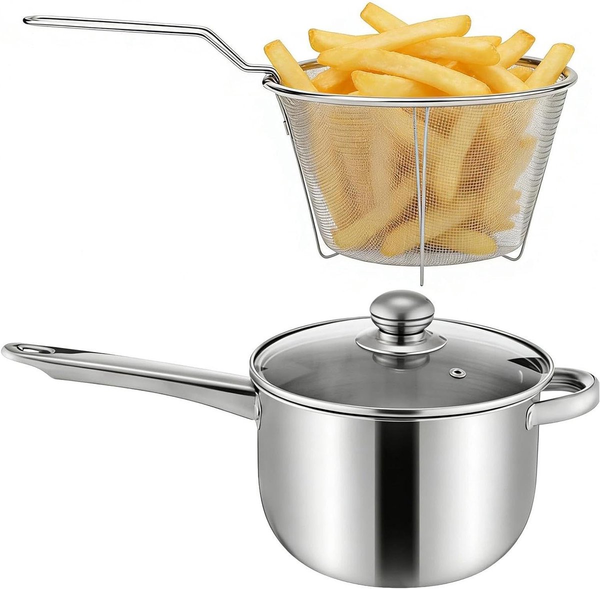Frituurpan Roestvrij Staal - Koekenpan met Deksel - Thuis Frituren - Anti-aanbak Binnenkant - 38x13x19.5cm - Zilver