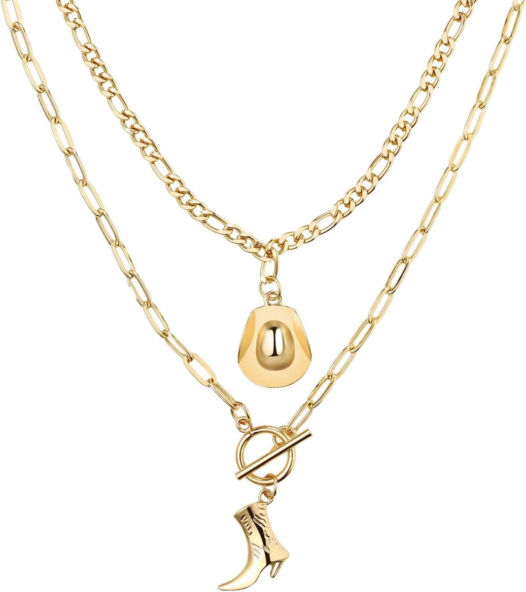 Cowgirl Cowgirl Halsketting voor dames, boho, cowboylaarzen, ster, hanger, vintage, roestvrij staal, westernketting, country-stijl, dubbele ketting, modesieraad, set voor vrouwen en meisjes
