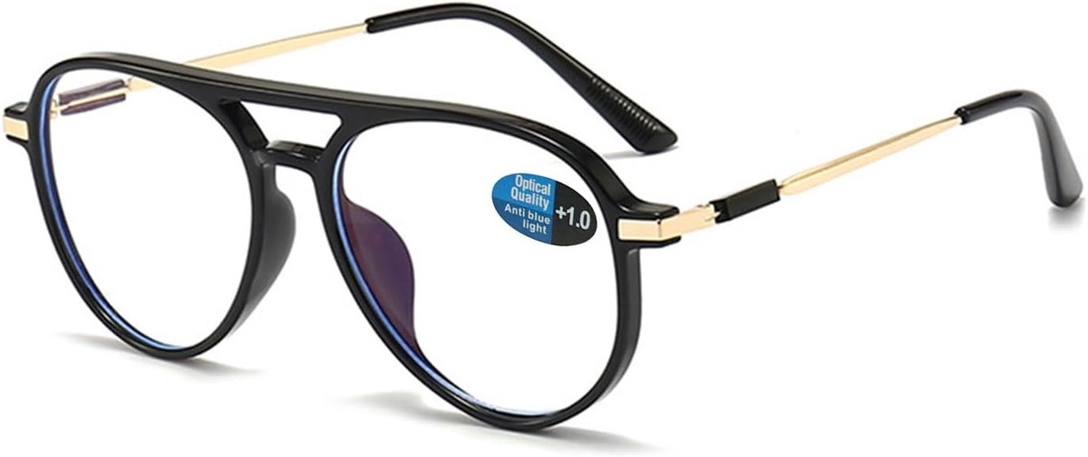 Leesbril voor dames en heren, blauwlichtfilter, retro, mode, pilotenbril met leeshulp, zichthulp, volledige rand, computerbril met gezichtssterkte