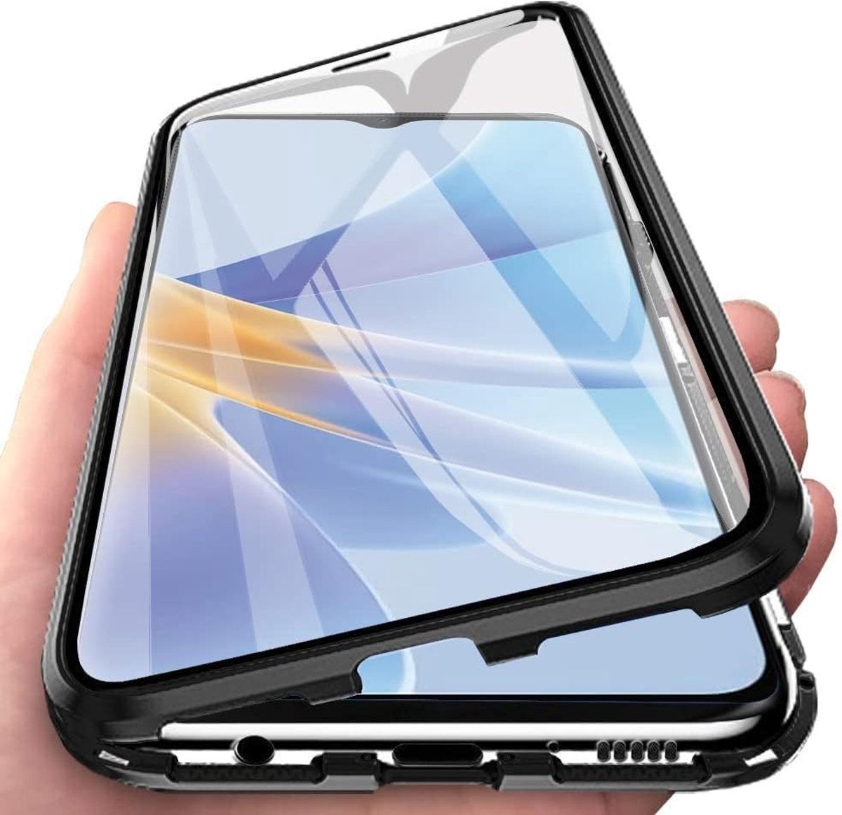 Orgstyle voor OPPO A17 (6,5 inch) hoesje, magnetische adsorptie schokbestendige hoes, slanke voorkant gehard glas + aluminium metalen bumper sterke magneten, volledige bescherming van het lichaam, transparant hoesje, zwart