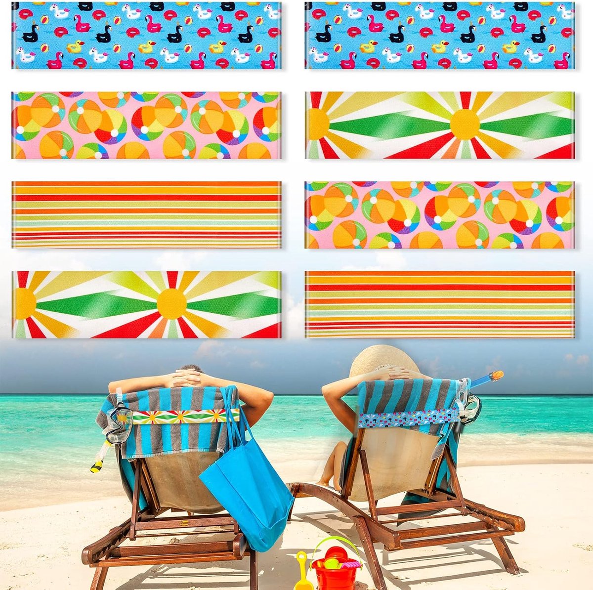 8 stuks handdoekbanden voor stoelen - strandhanddoekclips riemhouders elastisch winddicht voor ligstoel, zwembad, zomer - regenboogstijl, 29,8 x 4,97 cm