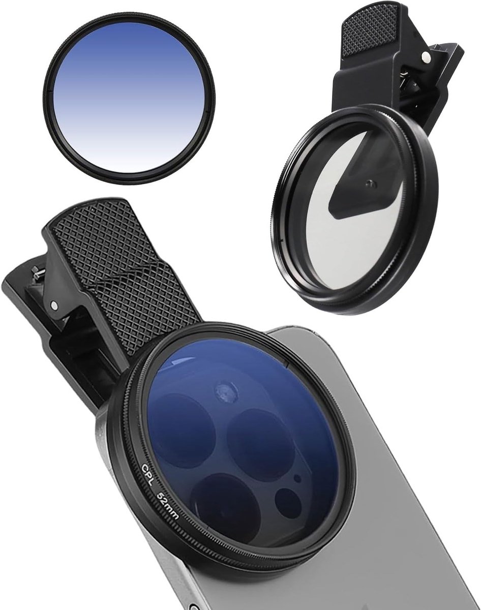 52mm Clip Polariserend CPL Filter Afneembaar Compatibel, Vermindering van Reflecties en Verblinding, Met opbergzak, Adapter met Clip voor iPhone, Samsung en Andere Smartphones (Kunststof)